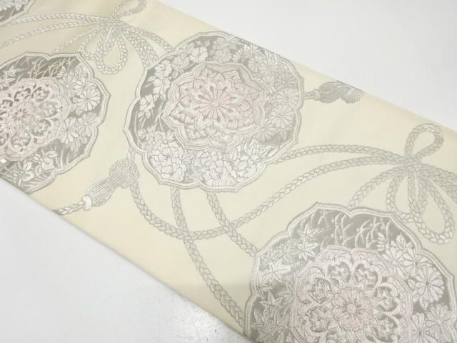 アンティーク　プラチナ箔　華紋に組紐模様織り出し袋帯（材料）